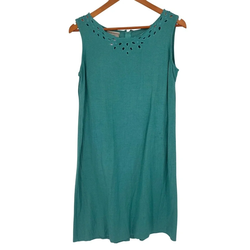 Vintage Y2K Coldwater Creek Jacket‎ Dress Set Medium Teal Eyelet Linen Blend